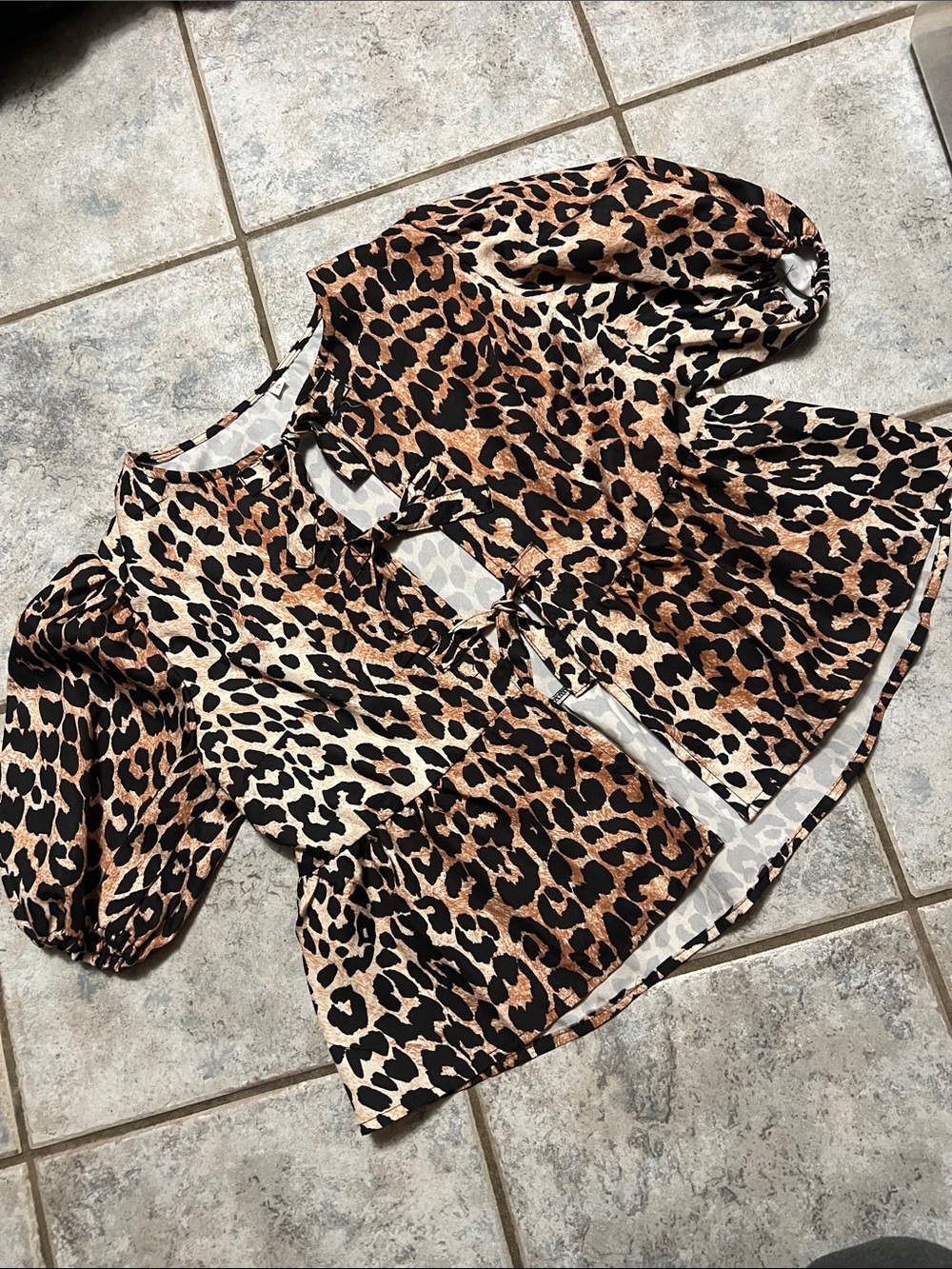 Leopard Print Puff Sleeve Tie-Front Blouse - Brown/Black